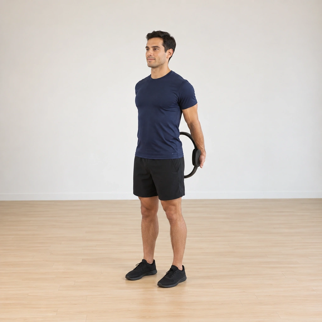 A man stands tall with the magic circle behind his back, the heel of each hand on a pad, his arms, wrists and fingers straight.