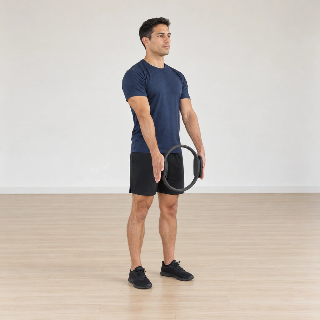 A man stands tall holding a magic circle in front of his thighs, the heel of each hand on a pad, arms and wrists straight and long down by his legs.