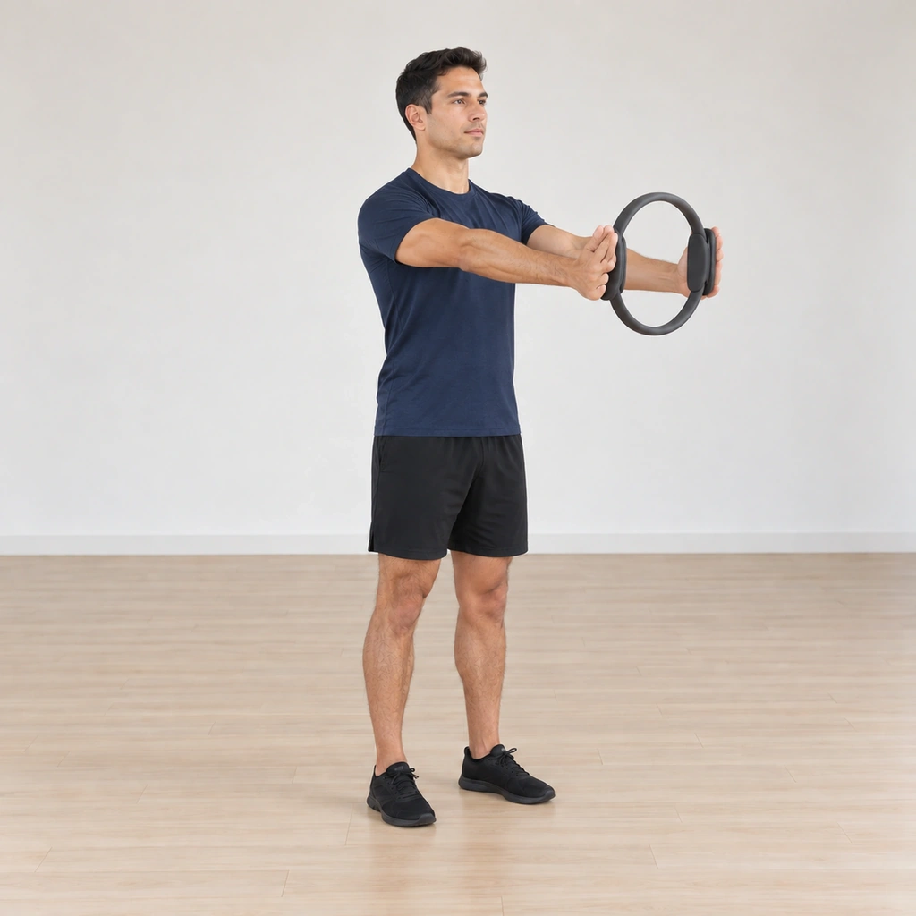 His straight arms are lifting the circle through mid-height while he pulses it in and out, the ring compressing rhythmically between his hands.