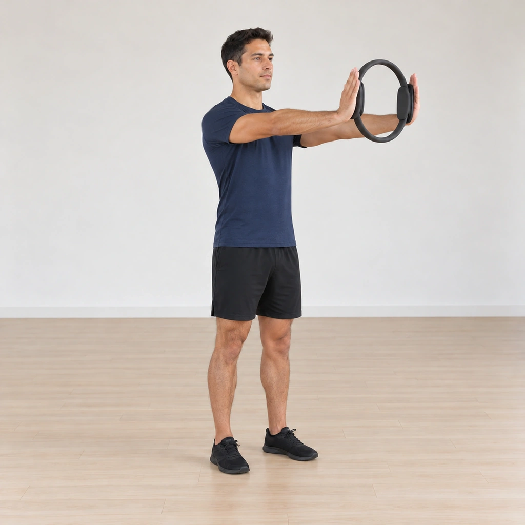 His straight arms hold the pulsing ring up at shoulder height in front of him, his shoulders still drawn onto his back.