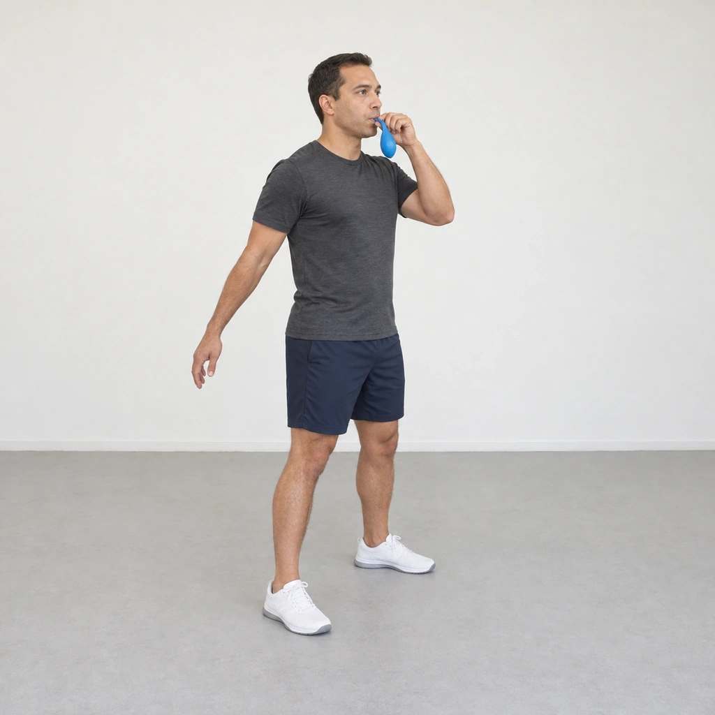 A man standing upright with his right foot ahead, a limp blue balloon's neck between his lips held by his left thumb and finger, and his right arm slightly behind him.