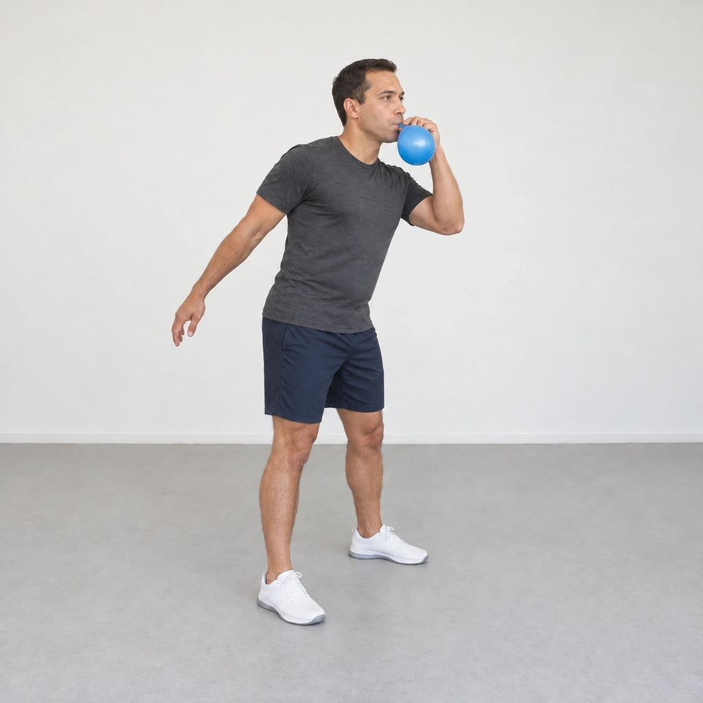 A man in a staggered stance blowing into a small blue balloon, his trunk bent slightly to his left and his right arm slightly behind him.