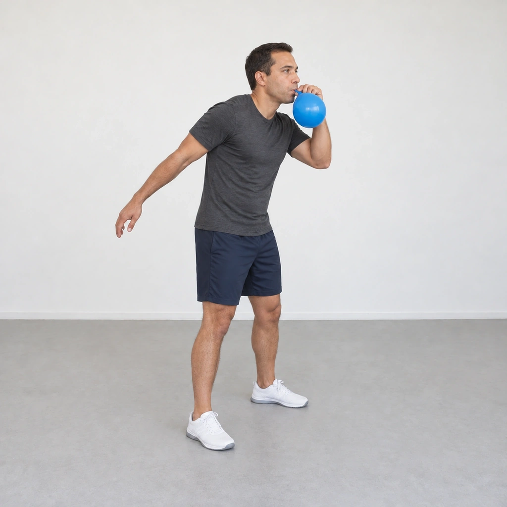 A man in a staggered stance blowing into a larger blue balloon, bent further to his left with a slightly rounded upper back and his right arm slightly behind him.