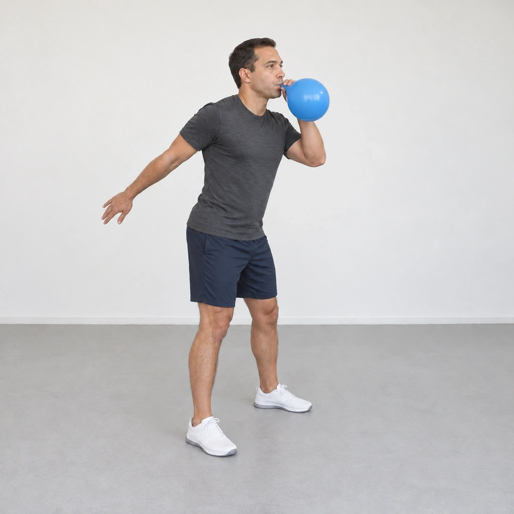 A man in a staggered stance blowing into a large blue balloon, bent to his left with his right arm reaching back and his left shoulder forward.