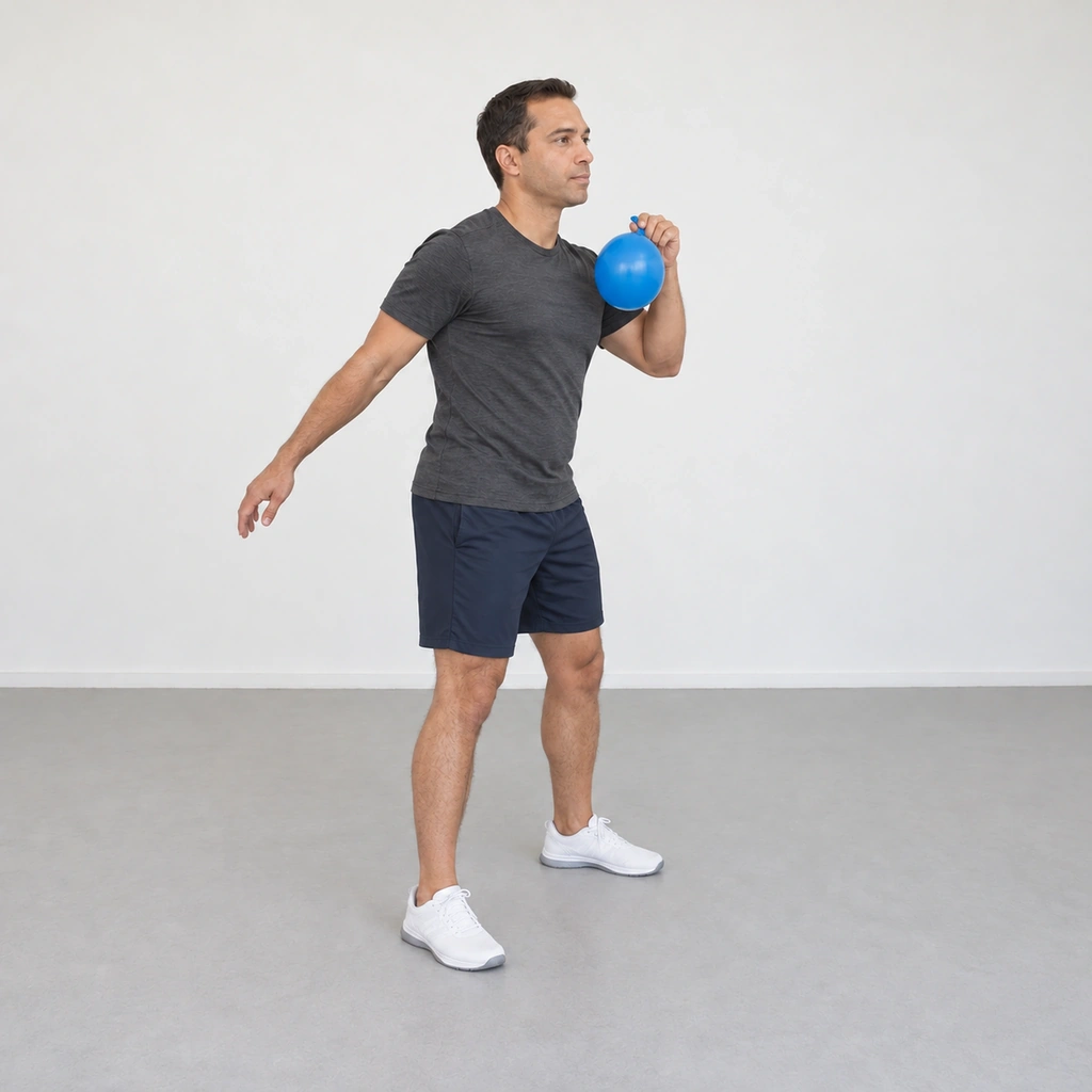 A man in a staggered stance holding a large blue balloon pinched shut in his left hand away from his mouth, bent to his left with his right arm behind him.
