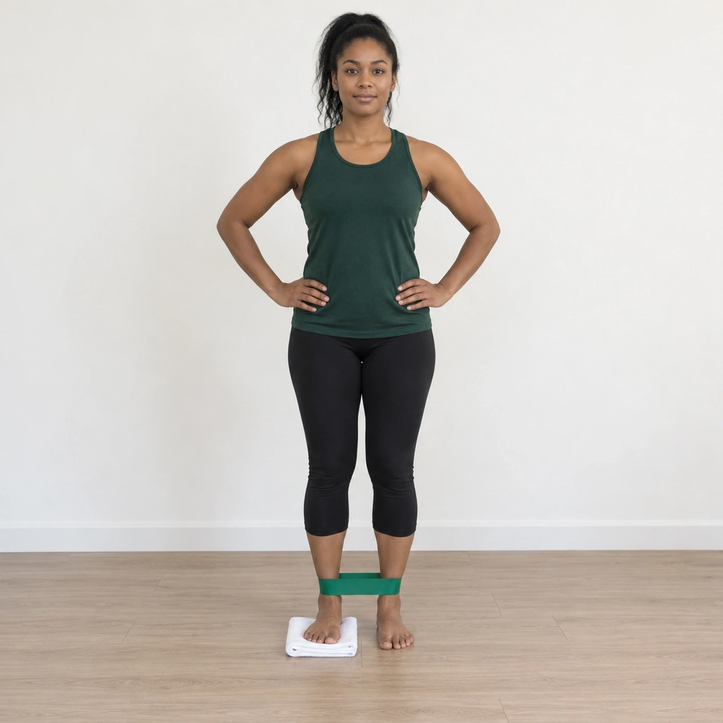 A woman standing with a resistance band looped around both ankles and her right foot resting on a folded towel beside her left foot, knees slightly bent, body upright.