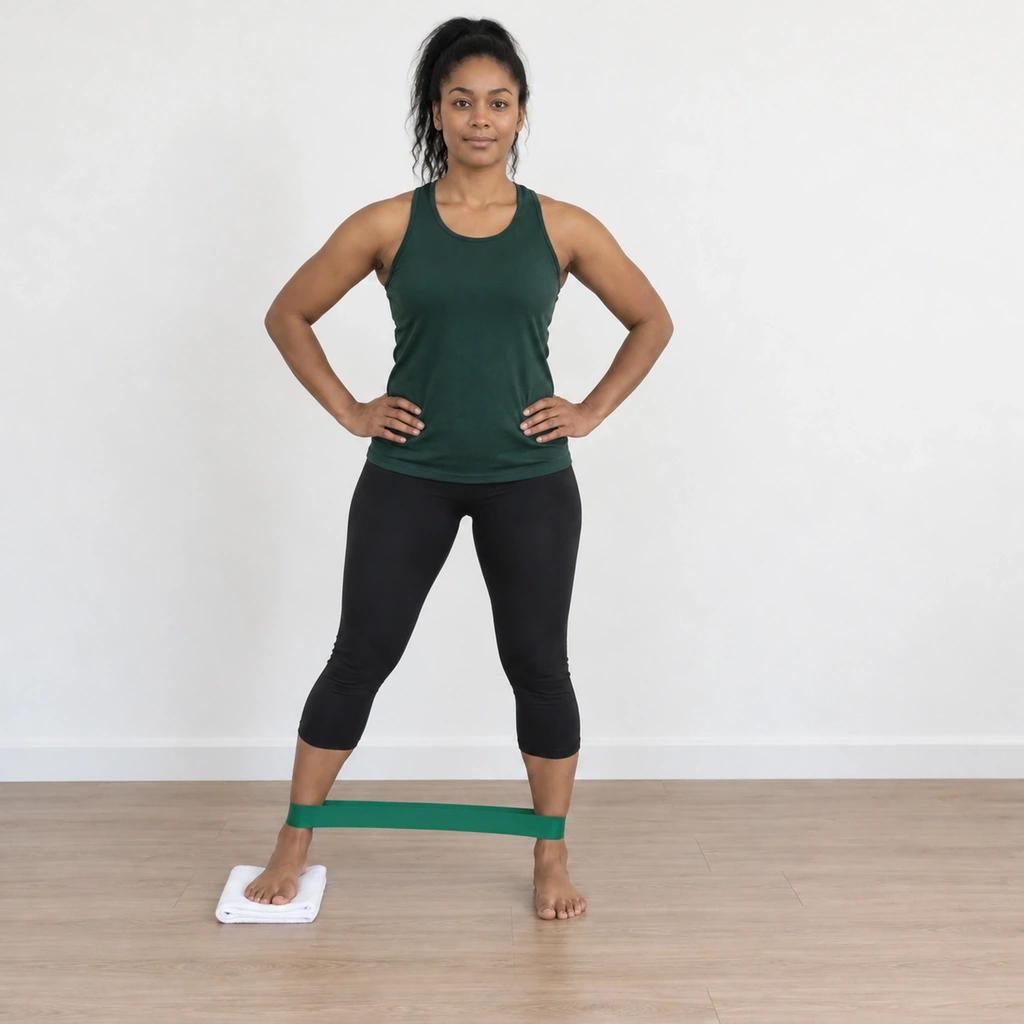 Standing Band Slides - Step 2: Push equally through both feet against the band to slide your right leg out to the side, letting your pelvis move across with it. Repeat, then switch legs.