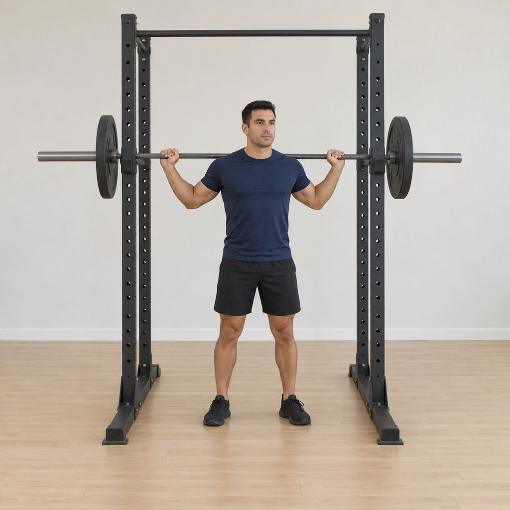 He stands under the barbell resting on the rack supports: the bar sits across the back of his shoulders slightly below the neck, both hands gripping it wide, his knees slightly flexed ready to lift it off the rack.