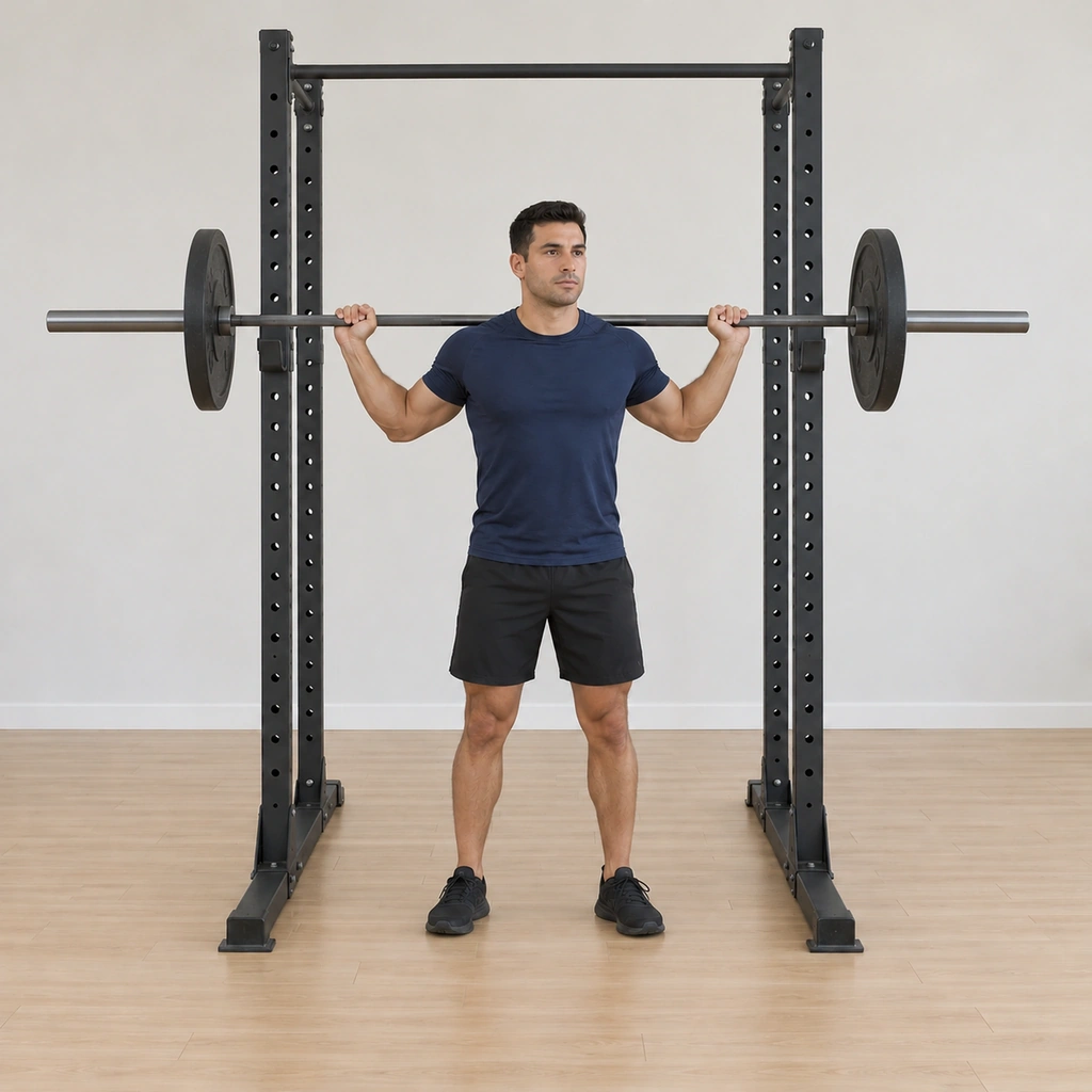 He has lifted the bar off the rack and stepped clear: standing shoulder-width with the toes slightly pointed out, back straight, the barbell resting across the back of his shoulders below the neck, hands gripping it wide.