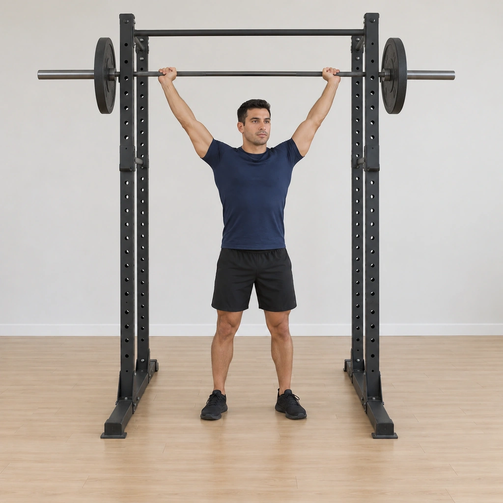 He presses the barbell straight up from behind his neck to a full overhead lockout: arms fully extended above the head, the bar balanced over his crown, elbows locked, trunk upright and still, feet holding the shoulder-width stance.