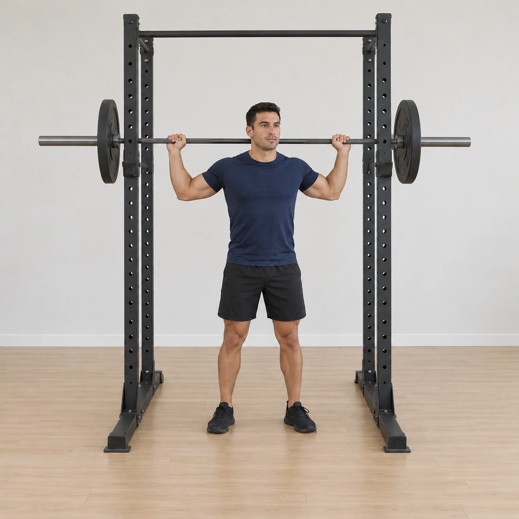 He lowers the barbell in a controlled path back down behind his head to rest across the back of his shoulders below the neck: elbows bending under control, the bar tracking down behind him, stance and back unchanged.