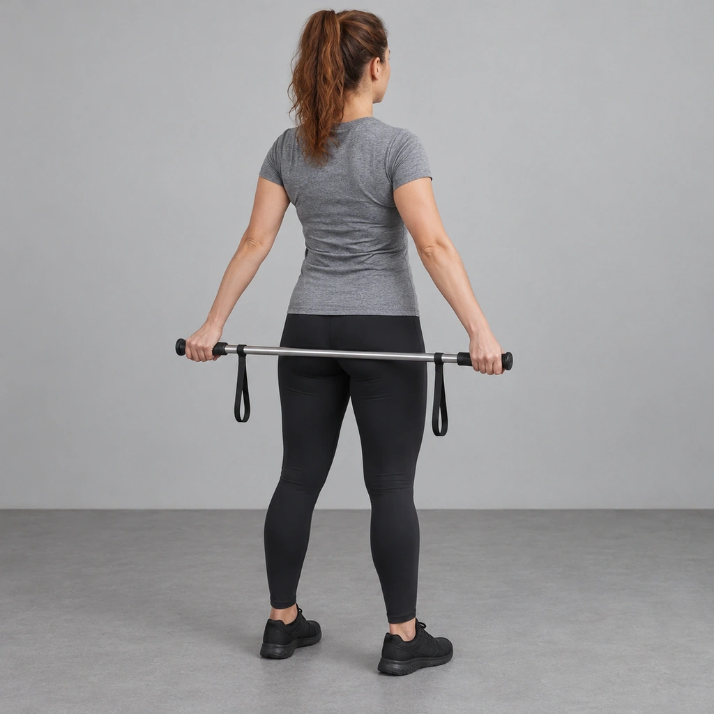 A woman seen from behind, standing with both straight arms down behind her and gripping the two ends of a level bar held behind her hips.
