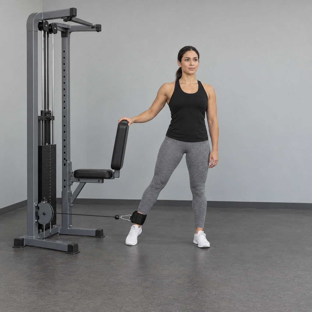 A woman standing sideways to a cable machine, right leg out to the side with an ankle strap attached, right hand gripping the seat back.