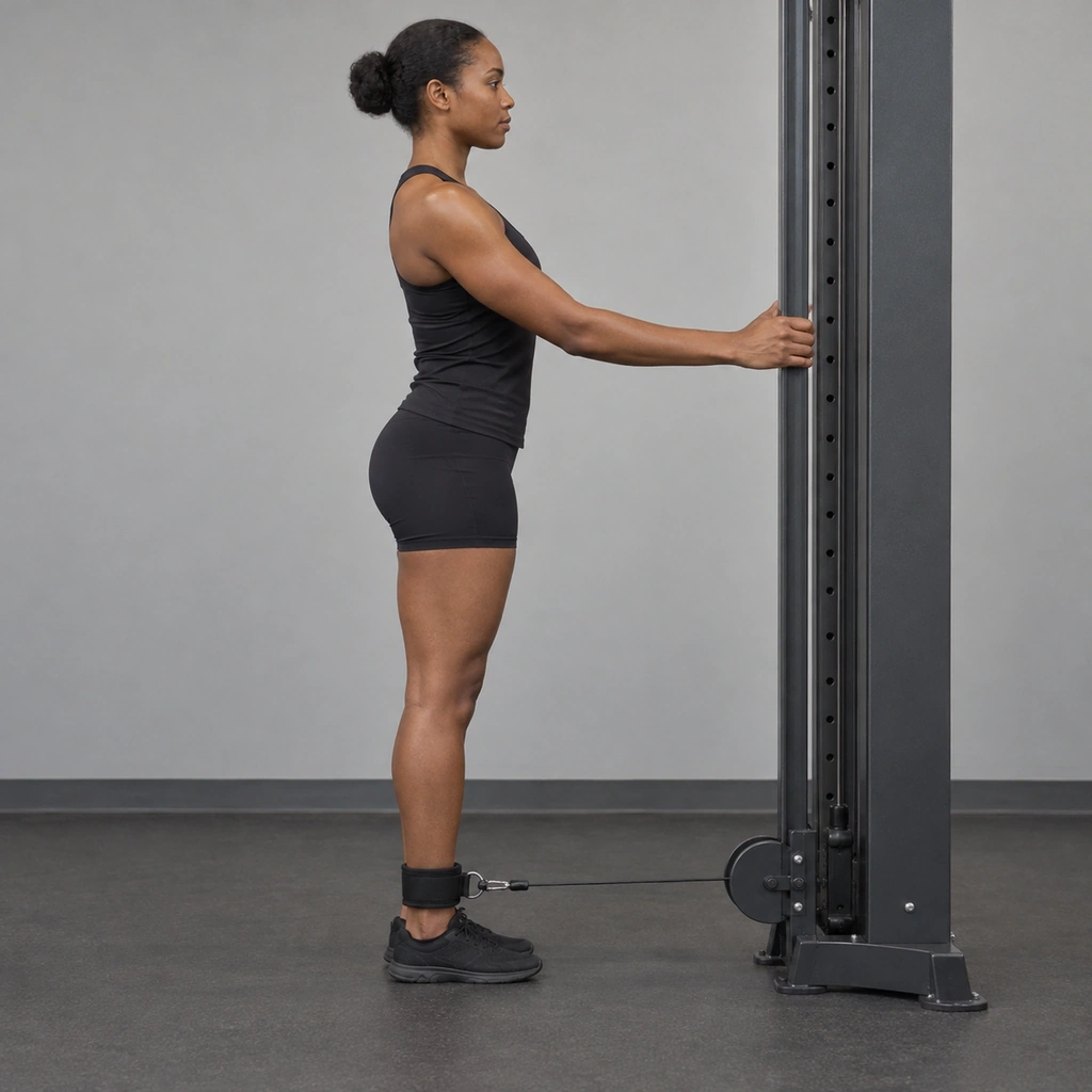 A woman standing upright facing a cable machine, both hands holding its frame, a cable running from the low pulley to a strap on her left ankle.