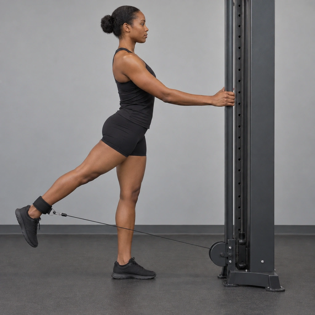 The same woman, her left leg now swung straight back behind her, the cable stretched taut, her hands still on the machine's frame.