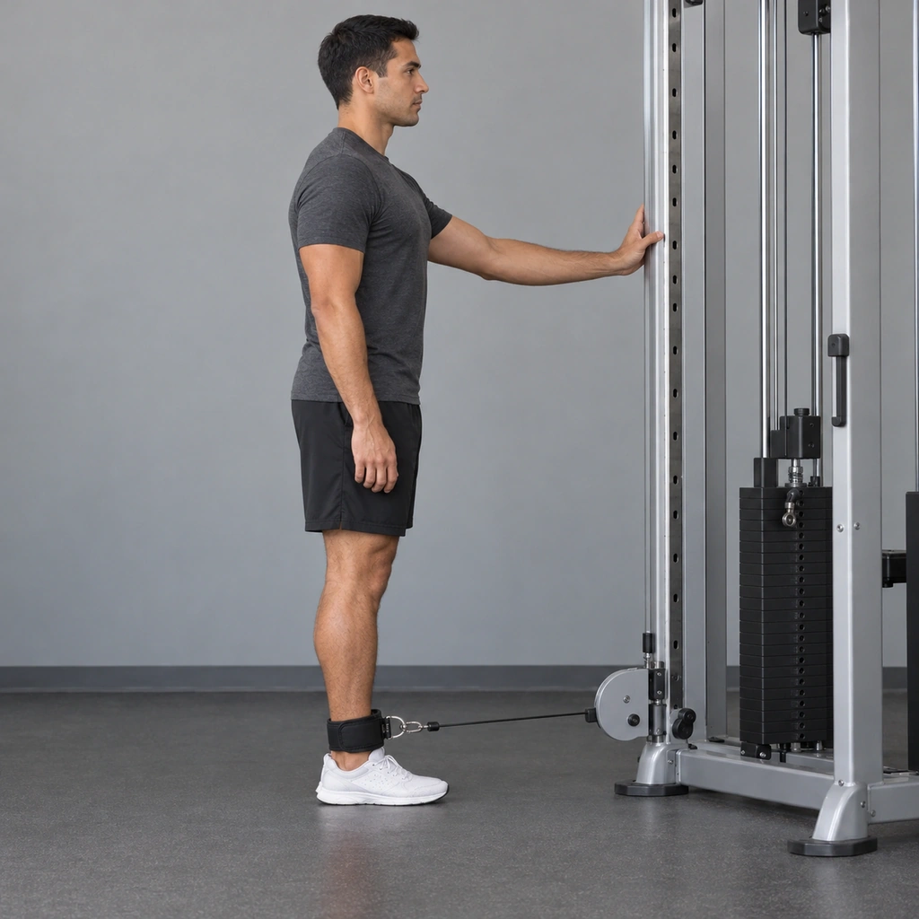 A man standing upright facing a cable machine, a padded cuff around his right ankle attached to a cable running to a low pulley.