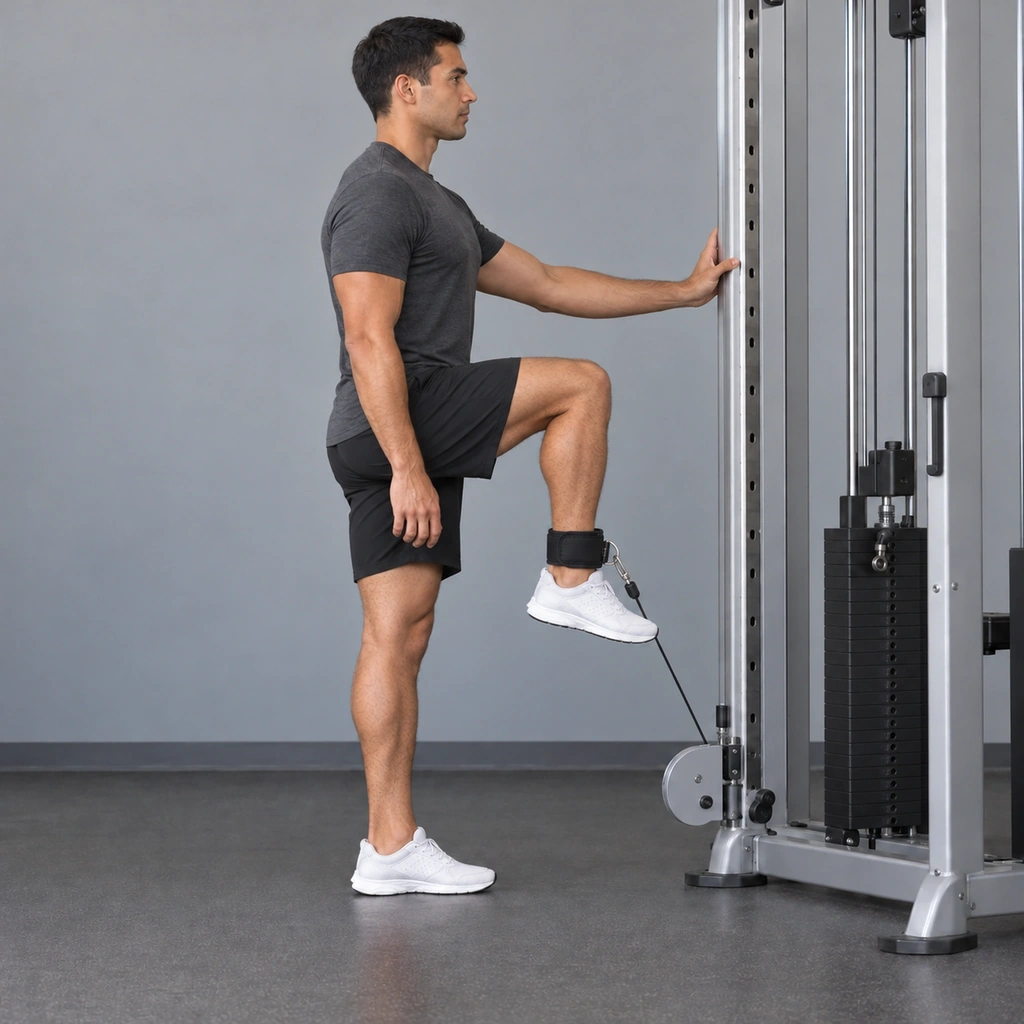 The same man, now standing on one leg, his cuffed knee raised to a right angle in front of him, the cable pulled taut.