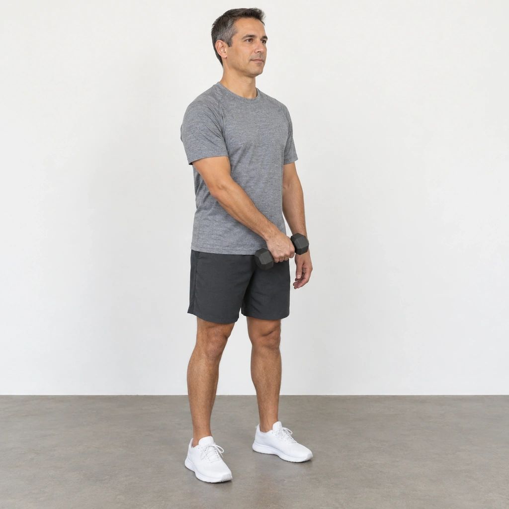 A man standing with a light dumbbell in his right hand held low at the front of his left hip, his left arm relaxed at his side.