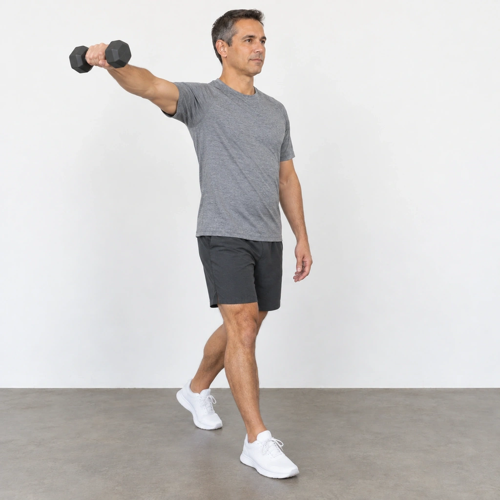 The same man mid-step, his right foot planted forward, his right arm raised in an arc out to shoulder height on his right side, the dumbbell in his right hand.