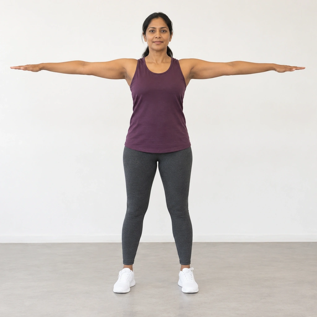 A woman standing upright with her feet shoulder-width apart on a bare floor, both arms held straight out to the sides at shoulder height, facing the camera.