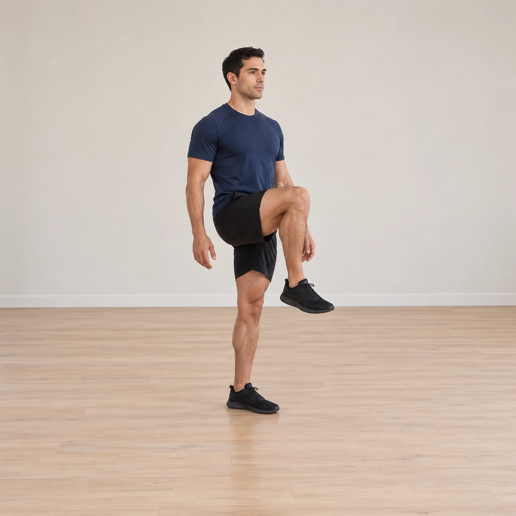 He is balanced tall on his left leg with his right knee lifted in front of him level with his hip, the right foot hanging plantar-flexed beneath the knee, his arms at his sides and his torso upright and braced.