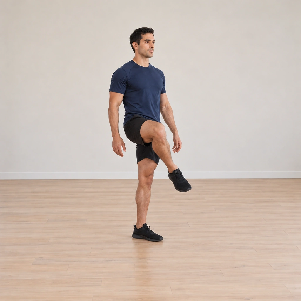 His raised right leg has swung across his body so the right knee now crosses in front of the standing left leg at midline, the knee still at hip height, the left hip held dead still and his posture unchanged.