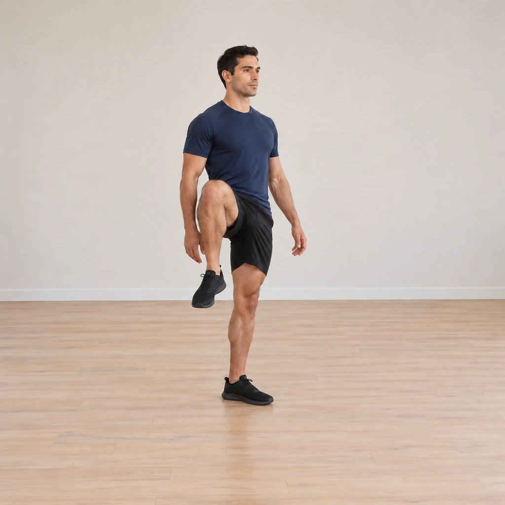 The right knee is now opened out to his right side with the hip externally rotated, the shin angling inward behind the open knee, the knee still lifted near hip height and his left leg a quiet column beneath him.