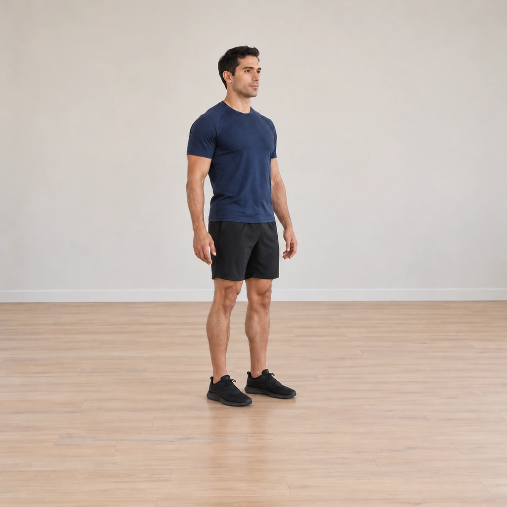 His right foot is lowering back toward the floor beside the left, the gate sequence complete, his weight easing back over both heels with the hips level and the arms still at his sides.