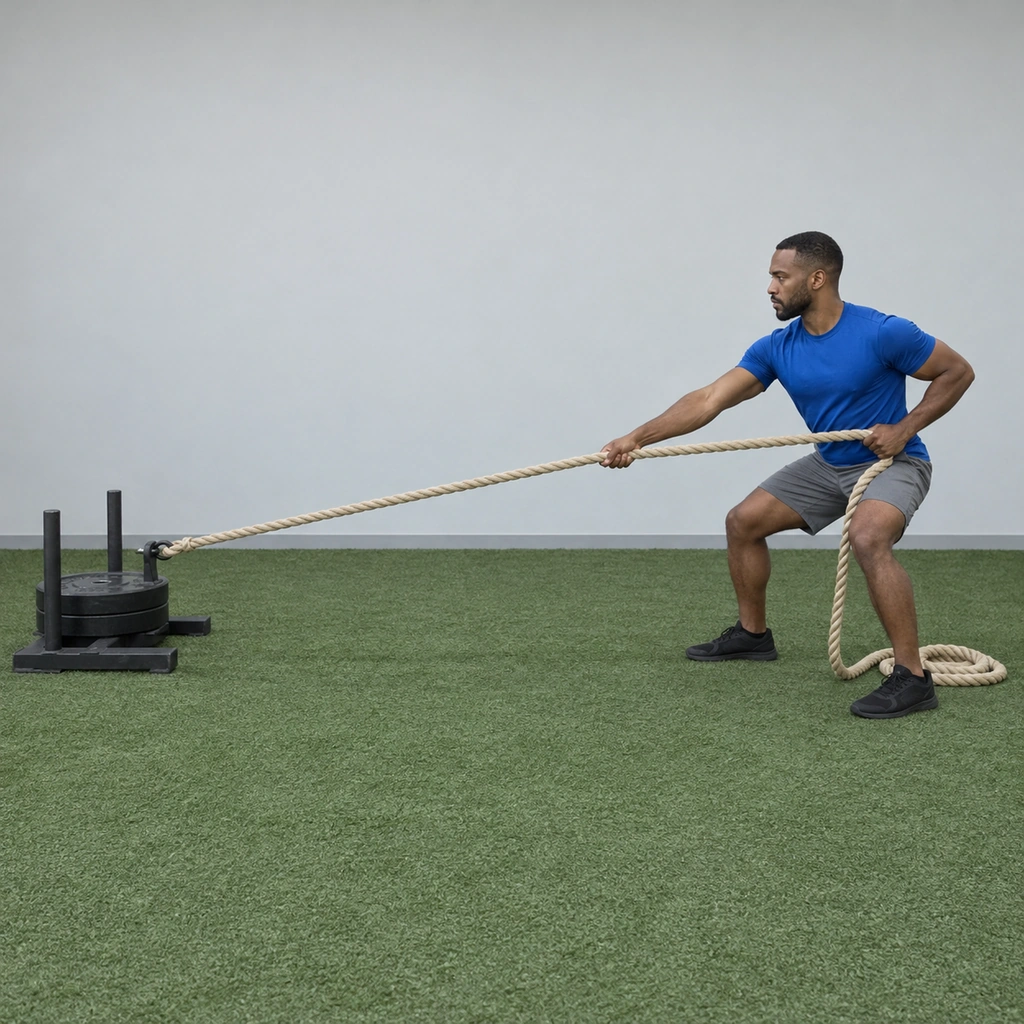 Man in a wide squatting stance reaching forward with his right hand on a taut sled rope while his left hand holds the rope at his hip.