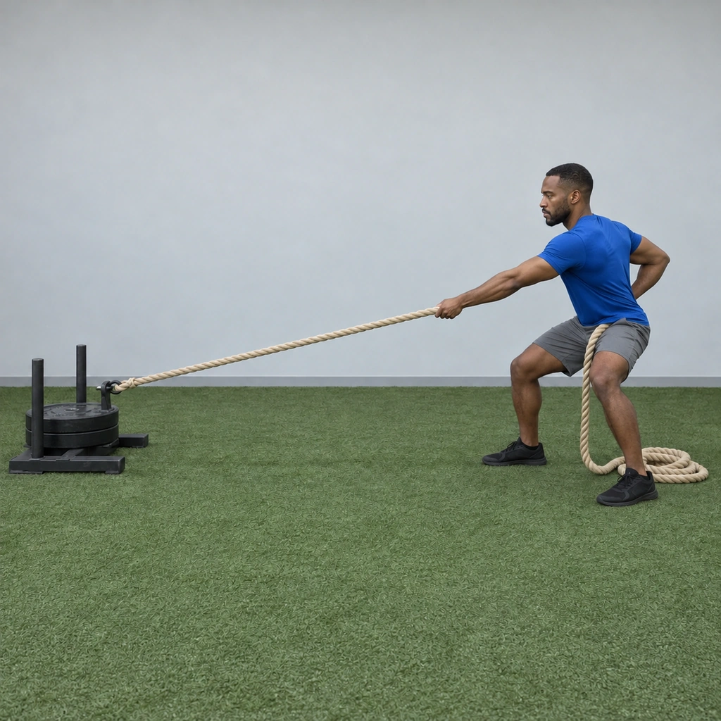 Man in a wide squatting stance reaching forward with his left hand on a taut sled rope while his right hand holds the rope at his hip.