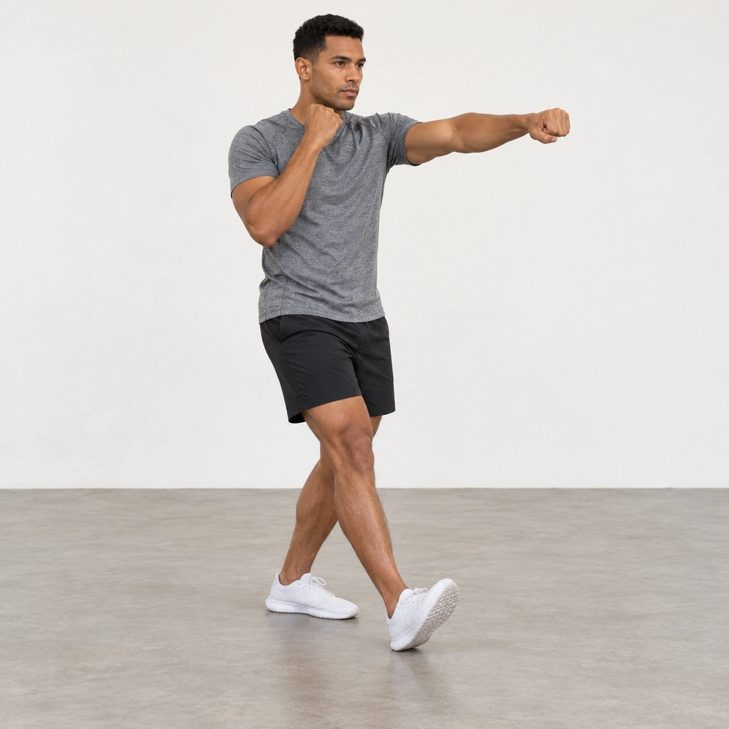 A man standing with his right heel planted forward and his toes pulled up, punching forward with his left arm while his right fist stays raised near his chin.
