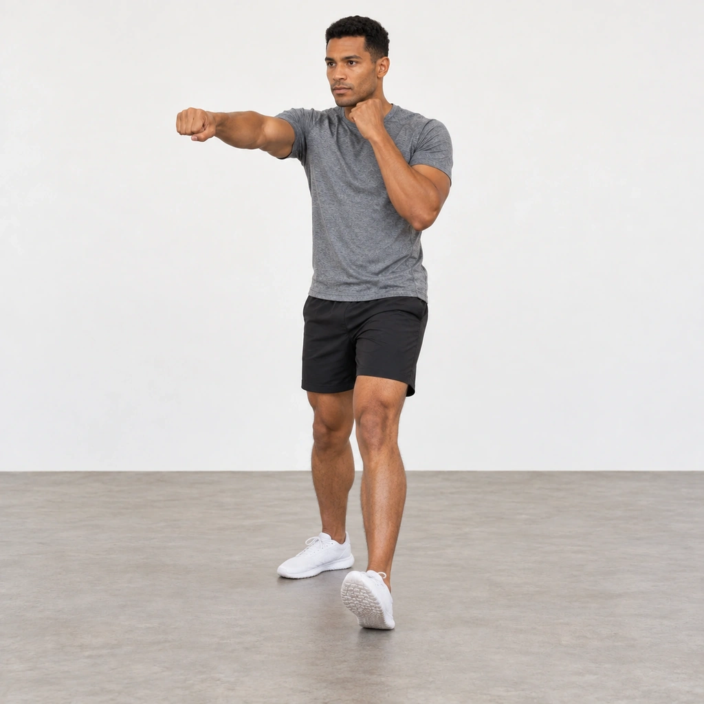The same man standing with his left heel planted forward and his toes pulled up, punching forward with his right arm while his left fist stays raised near his chin.