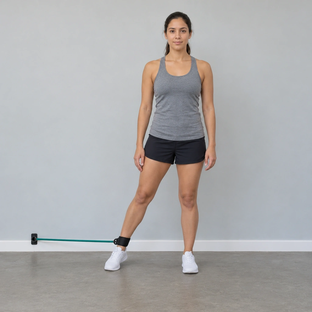 A woman standing, an elastic band cuffed to her right ankle and anchored to a low fixed point beside her, her right leg out to the side.