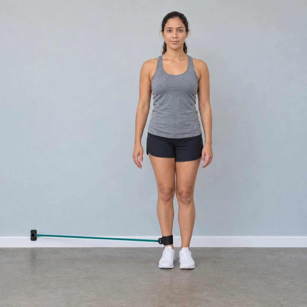 The same woman, her right leg now pulled inward so her right foot is close beside her left foot, the band stretched further toward the anchor.