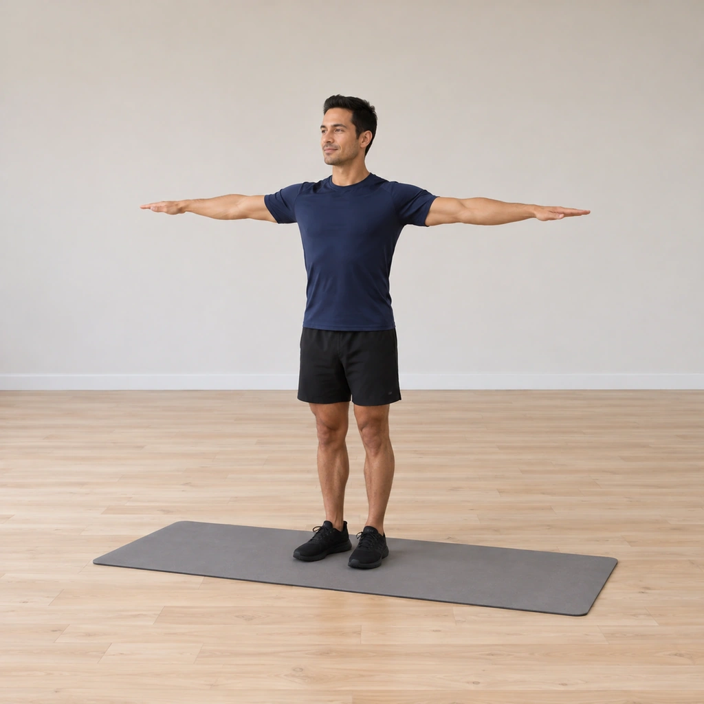 He stands tall on the mat, his feet about hip distance apart, his arms reaching wide to the sides at shoulder height, his head up and his centre lifted.