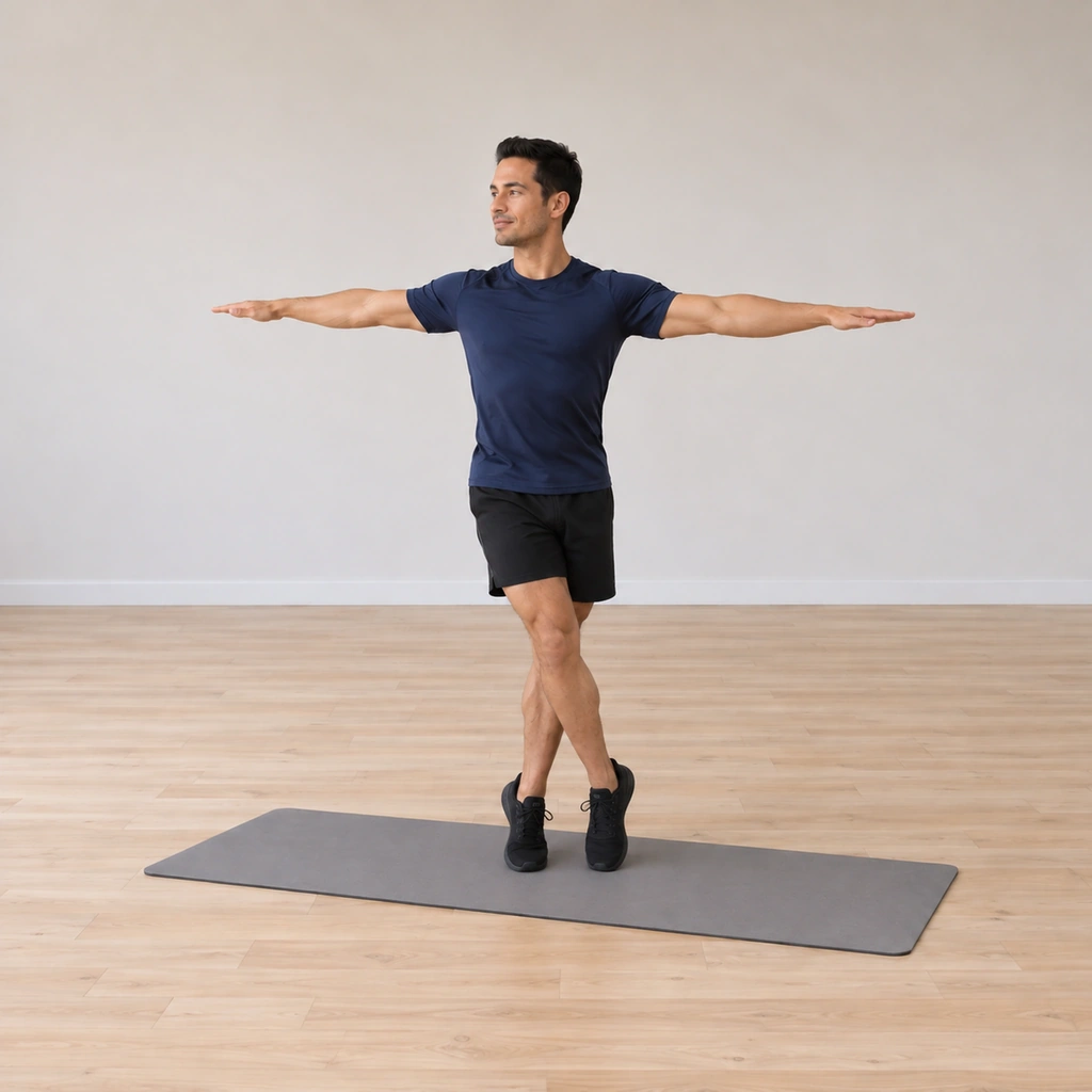 Both his heels are lifted as he turns around on the balls of his feet, his legs now crossed one in front of the other, his arms still wide at shoulder height.