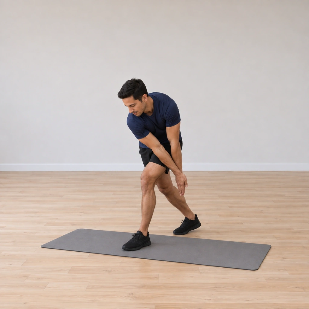 His heels are lowered, his front knee is bent, and both his arms reach back and down toward his back ankle, his spine rounded and twisted over the front leg.
