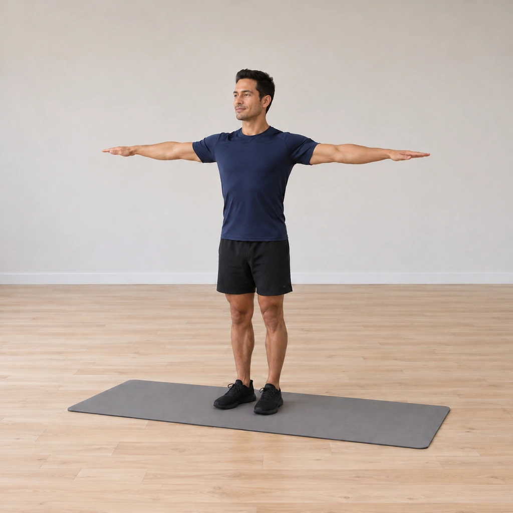 He is unwinding back up to tall facing the start direction, his legs uncrossing under him, his arms coming wide again at shoulder height.