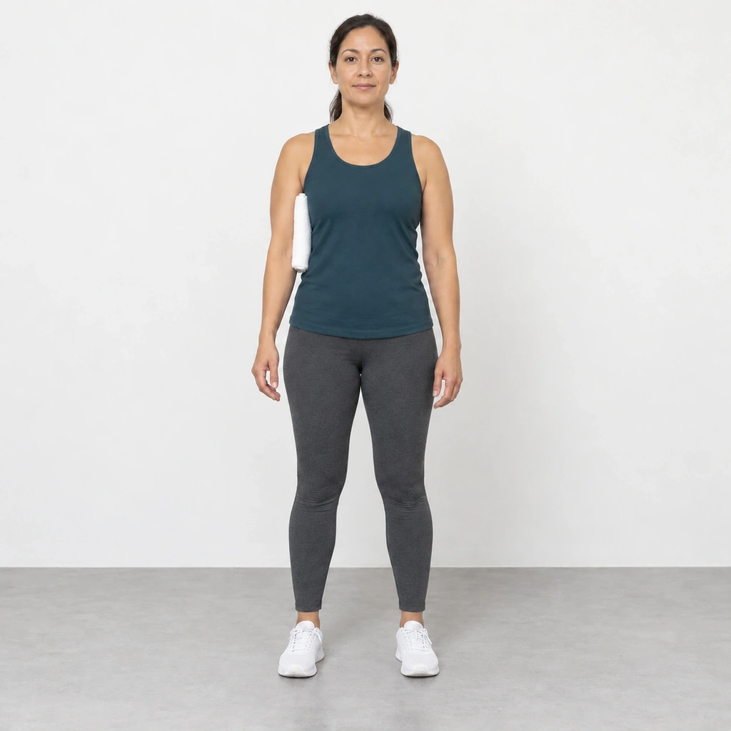 The same standing woman with her right arm pressed in against the towel, which is slightly flattened between her arm and her ribs.