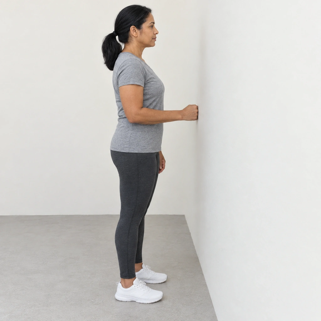 A woman standing close in front of a plain wall, her right upper arm held against her side, elbow bent, her closed fist touching the wall without pressing.