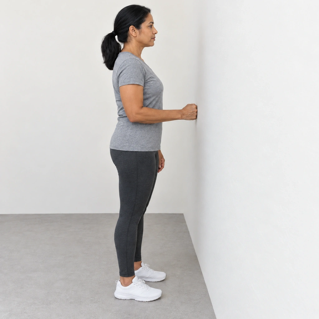The same woman standing in the same place, pushing her right fist firmly into the wall, the tendons of her forearm visible with the effort, her upper arm still held close to her side.