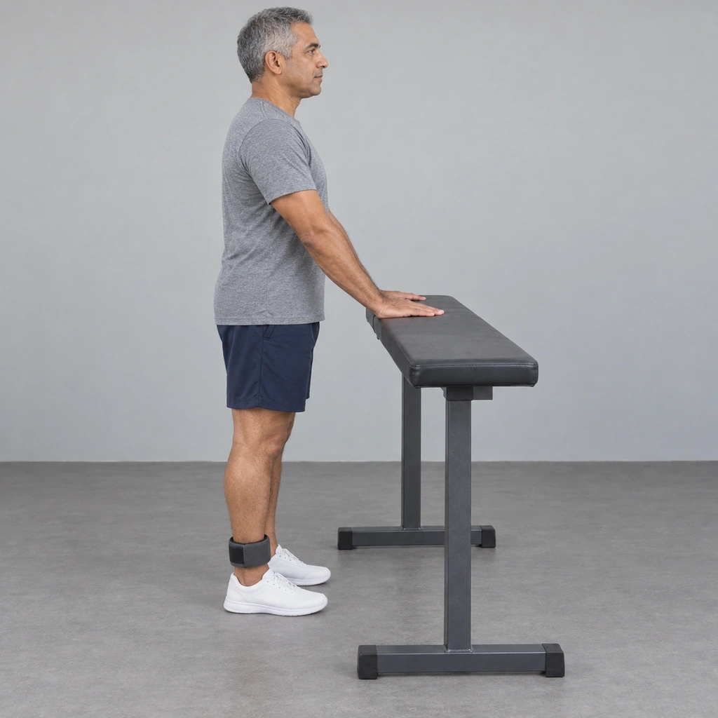 A man standing upright facing a bench, both hands on it, with a weight cuff on his right ankle.