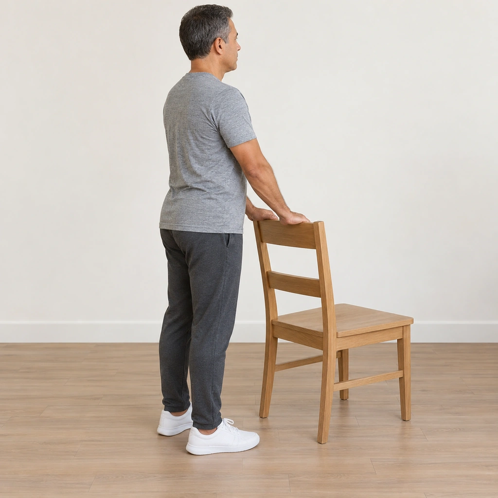 A man standing upright behind a chair with both hands resting on its top rail, both feet flat on the floor.