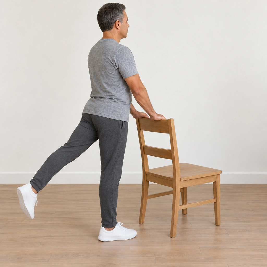 The same man standing upright behind the chair, his left leg raised straight behind him with the toe pointed down, both hands still on the chair back.