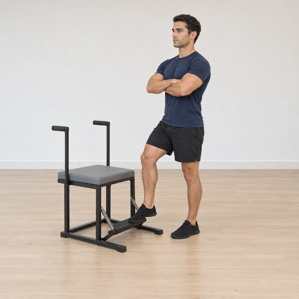 A man stands facing a Pilates chair, his left foot flat on the floor and the ball of his right foot resting on the sprung pedal, his legs parallel, hips level, hands crossed at his chest in the genie position.