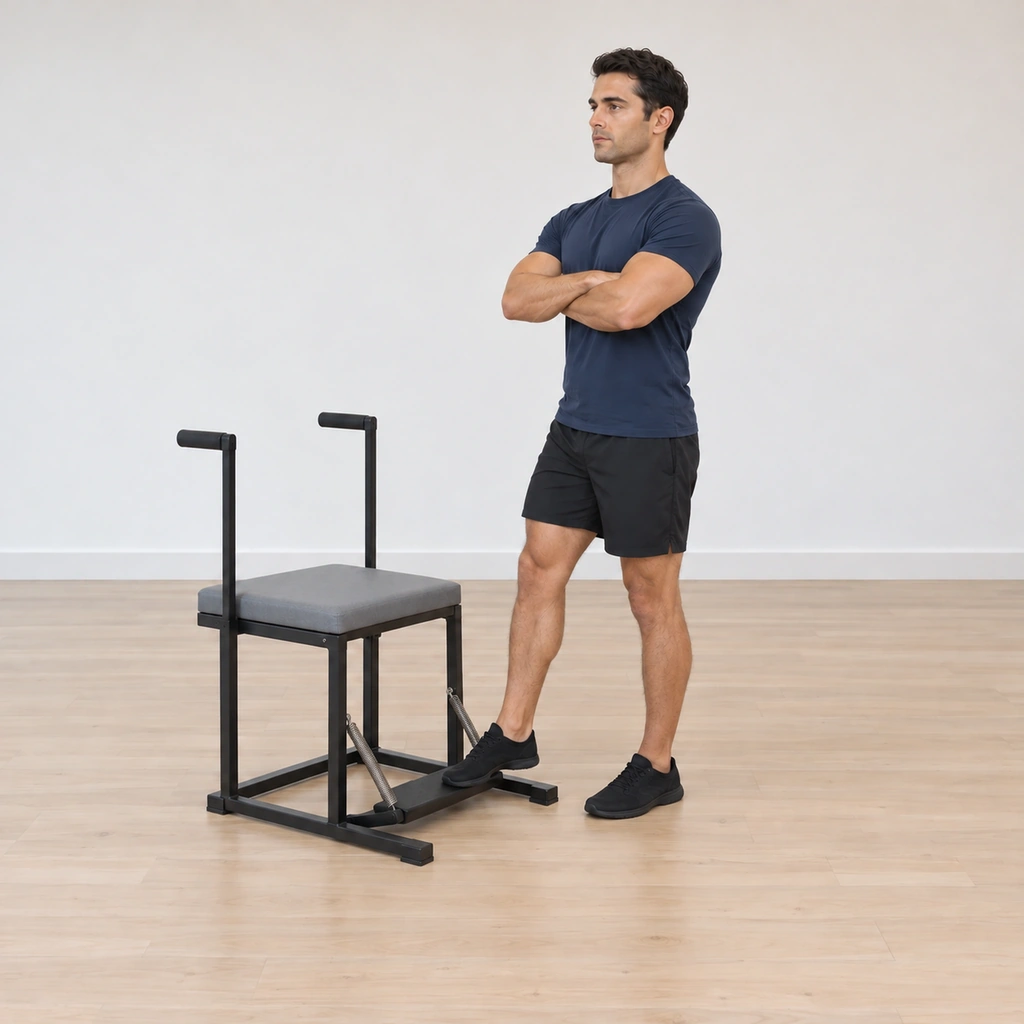 The man presses the chair pedal downward through the ball of his right foot, his right leg extending against the spring, his hips still level and his hands in the genie position.