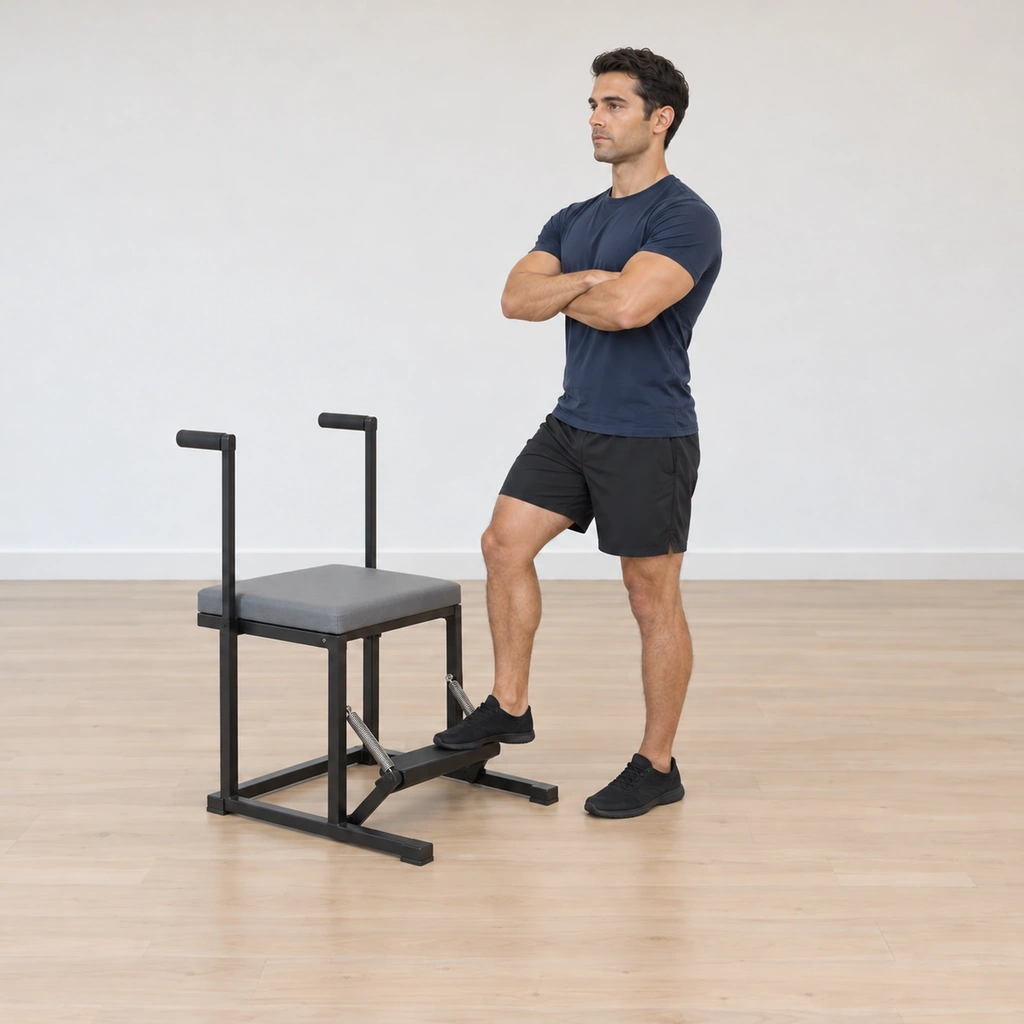 The man lets the chair pedal rise under control, the ball of his right foot riding it upward, his knee softening as the spring returns the pedal, hips still level.