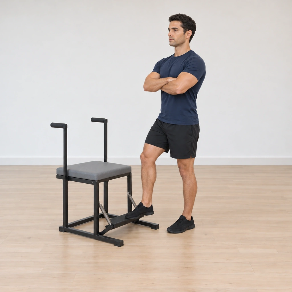 The man stands facing the chair with the pedal settled at its sprung height under the ball of his right foot, his legs parallel, hips level and hands still in the genie position.