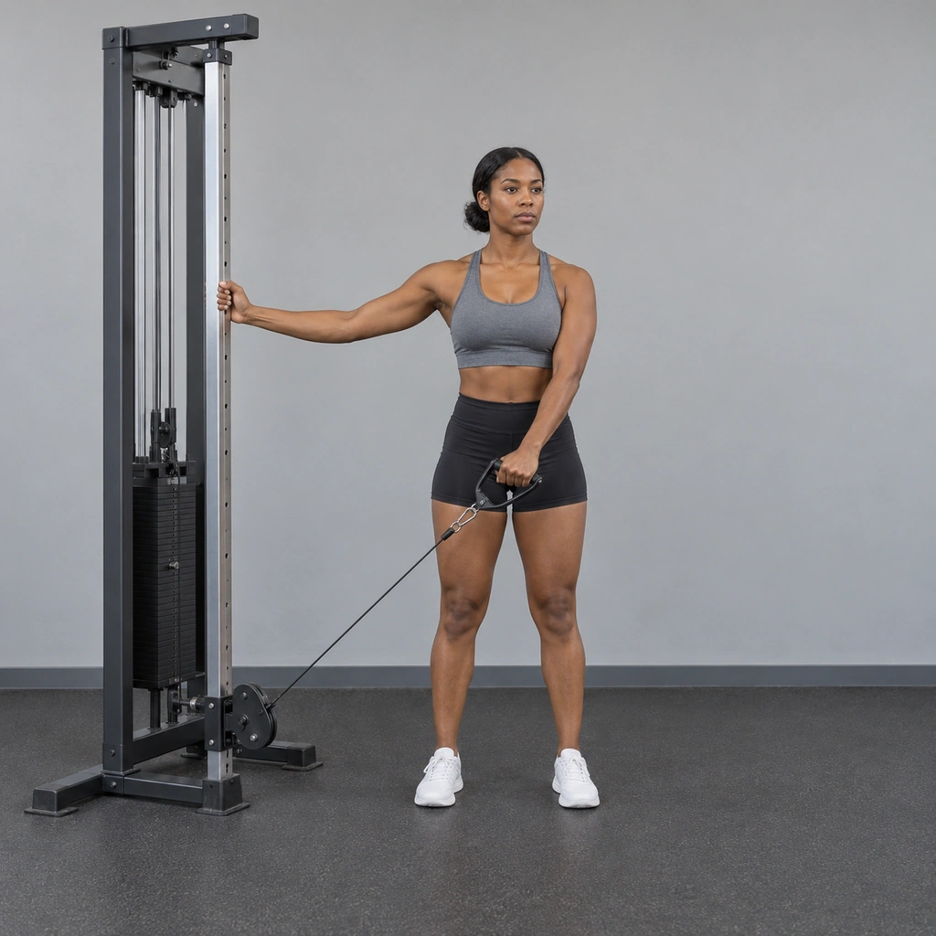 A woman standing beside a cable tower, her left hand gripping a handle across the front of her body, her right hand holding the machine frame.
