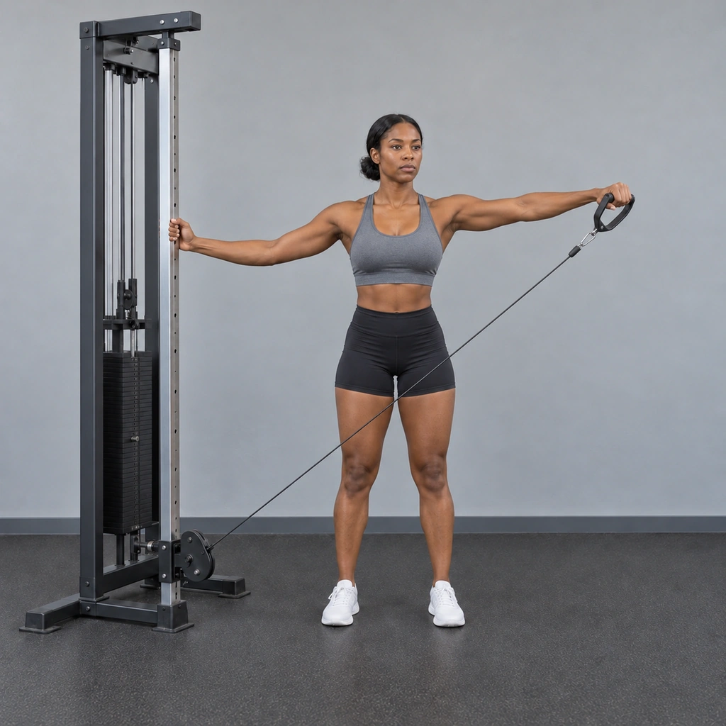 The same woman, now with her left arm raised out to the side to shoulder height, her right hand still on the machine frame.